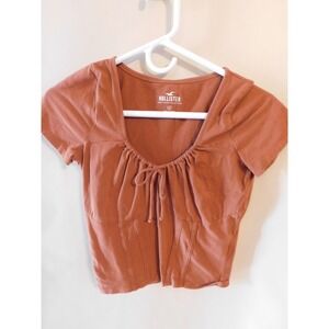 Hollister Brown Cropped Short Sleeve Scoop Neck Knit Bow Accent Top Size M
